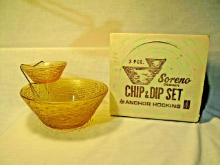 Vintage Anchor Hocking Soreno Amber Gold Glass Chip And Dip Bowl Set W Box 1960s