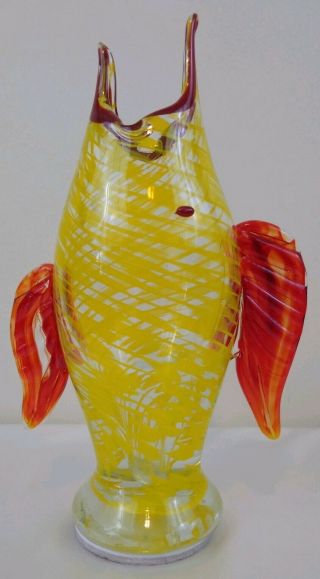 Hand Blown Art Glass Fish Vase 10 3/4 " Yellow Swirl Applied Red Fins & Eye