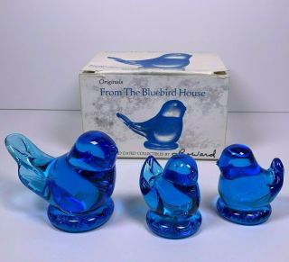 Blue Bird Of Happiness Leo Ward Signed Dated 1991 Set Of 3 Vintage Glass