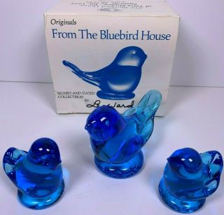 Blue Bird of Happiness Leo Ward Signed Dated 1991 Set of 3 Vintage Glass 2