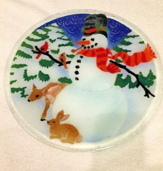 Peggy Karr Fused Art Glass 11 1/4 " Christmas Snowman Deer Bunny Plate