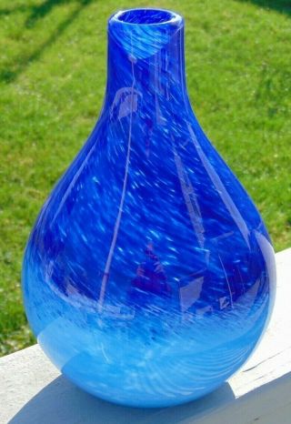 Vtg Murano Style Studio Hand Crafted Art Glass Heavy Vase Teardrop Blues Swirl
