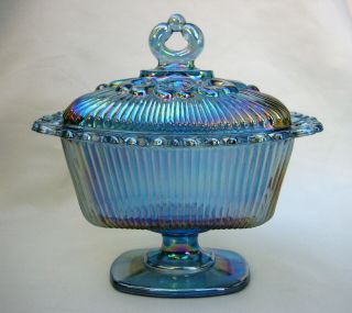 Vintage Indiana Blue Carnival Glass Candy Dish With Lace Edge And Lid