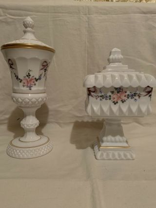 Westmoreland Hand Painted Roses & Bows Milk Glass Set