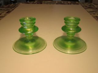 Old Fenton Florentine Green Stretch Glass Iridescent Candle Holders