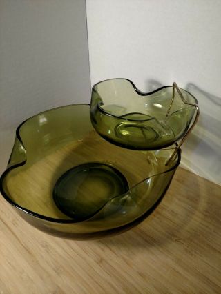 Vintage Anchor Hocking Avocado Green Glass Chip And Dip Set Bowl 9 In.  Dia.