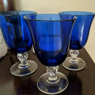 Set Of 3 Cobalt Blue Glass Water Goblet With Clear Stems