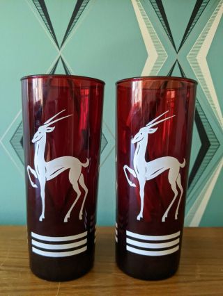 2 Vintage Fire King Royal Ruby Red Gazelle Mcm Iced Tea / Tom Collins Glasses