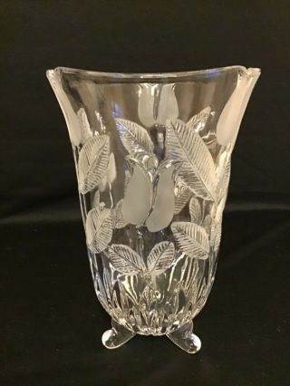 Vintage Lead Cut Crystal Vase With Frosted Tulips And Leaves Three Footed Poland