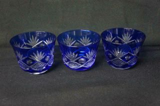 3 Vintage Bohemian? Cobalt Blue Cut To Clear Art Glass Crystal Cups 2 5/8 " Tall