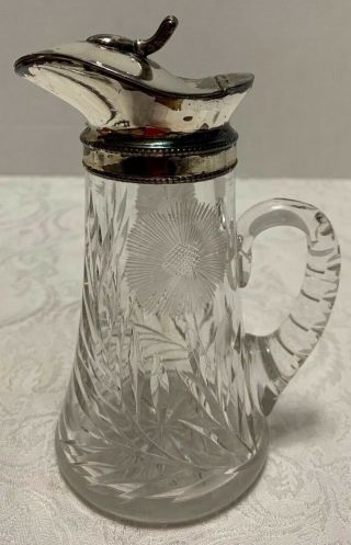 Vintage Cut Glass Syrup Pitcher Silver Plate Lid Shell Thumb Tab Cut Flowers