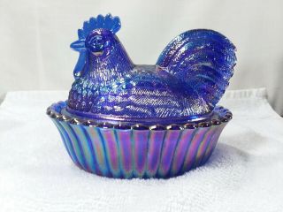 Vintage Westmoreland Cobalt Blue Carnival Glass Hen On Nest 5,  " Retro Mcm