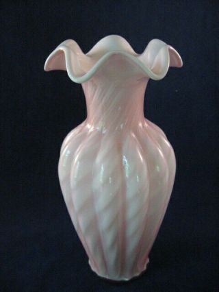 Fenton Vase Pink Opalescent Cased Glass Spiral Optic 11.  5 " Tall Signed N Fenton