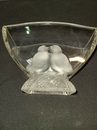 Vintage 1930s Verlys Art Glass Clear Frosted Lovebirds Fan Vase French Signed