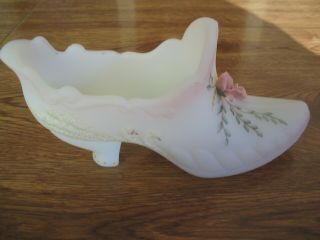 Fenton Art Glass Hand Painted By A.  Van Zile Slipper Shoe Boot Porcelain Rose