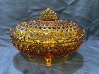 Fenton Amber Hobnail Tri - Footed Oval Covered Dish