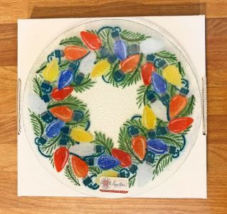 Peggy Karr Fused Glass Christmas Bulbs Wreath W Lights 8” Round Plate Nib,