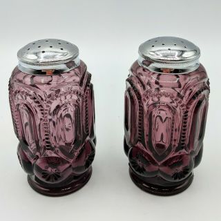 Vintage Le Smith Glass Amethyst Purple Moon Stars Salt & Pepper Shakers 4 "