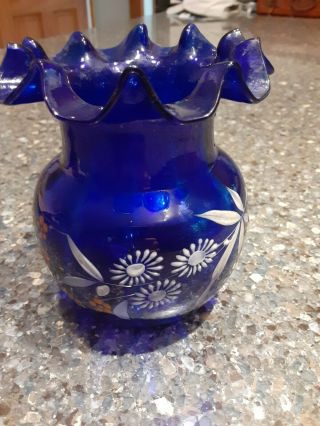 Vintage Hand Painted Cobalt Blue Art Glass Vase - Bottle 4.  5” Handblown
