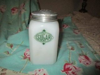 Vintage Anchor Hocking Milk Glass Sugar Shaker Green Letters