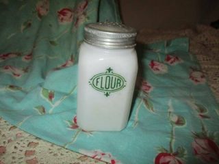 Vintage Anchor Hocking Milk Glass Flour Shaker Green Letters