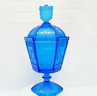 Vintage Imperial Glass Zodiac Blue Candy Dish With Lid - 1972 - Tarot Horoscope