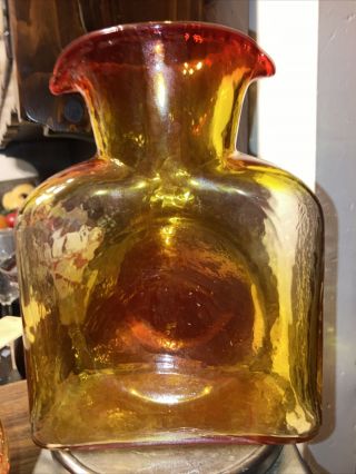 Vintage Blenko Art Glass Double Spout Amberina Red And Yellow Pitcher Carafe