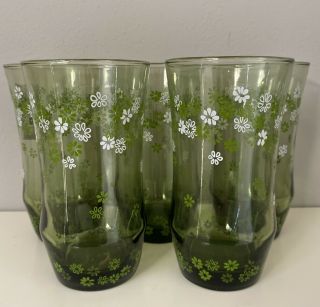 Vintage Set Of 5 Green Libbey Strawflower - Crazy Daisy Tumblers/glasses