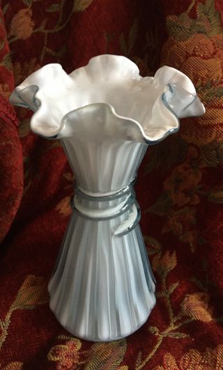 Fenton Cased Glass Blue And White Ribbed Ruffled Edge Wheat Vase