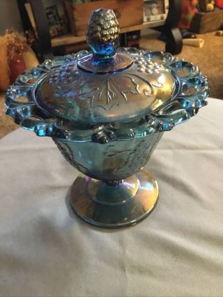 Vintage Indiana Blue Iridescent Carnival Glass Footed Candy Dish Bowl With Lid