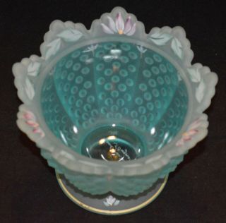 Vintage Turquoise Fenton Hobnail Hand Painted Signed Pedestal Bowl Candy Dish