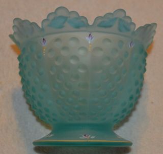 VINTAGE TURQUOISE FENTON HOBNAIL HAND PAINTED SIGNED PEDESTAL BOWL CANDY DISH 2