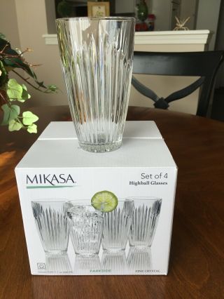 Four (4) Mikasa Parkside Crystal Highball Glasses Tumblers 6 1/2 " Nib