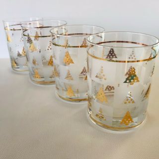Vintage 4 Culver Gold Christmas Tree Bar Glasses Gold,  Frosted Old Stock