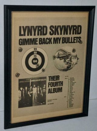Lynyrd Skynyrd 1976 Gimme Bullets With Tour Dates Lp Promo Framed Poster / Ad