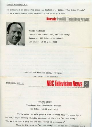 Joseph Wambaugh Police Story Rare 1973 Nbc Tv Press Material