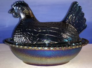 Vtg Iridescent Blue Carnival Glass Hen On Nest Covered Candy Dish 7 In