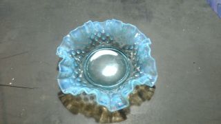 Vintage Fenton Blue Opalescent Glass Hobnail Round Bowl Ruffled Edge - 6 1/2 "