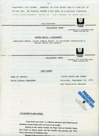 Roger Davis Ben Murphy Alias Smith And Jones 1972 Abc Tv Press Material