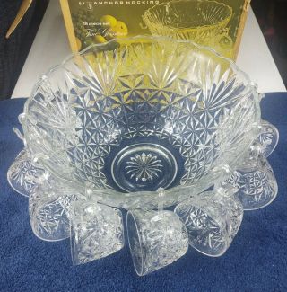 Vintage Arlington Glass Punch Bowl Set By Anchor Hocking With 8 Cups & 8 Hooks