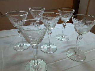 Antique Vintage Set Of 6 Wine Sherry Champagne Water Glasses Floral Etched