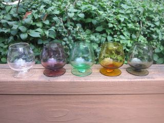 Vintage Multi - Colored Etched Glass Brandy Snifters Cognac Cordials Set Of 5