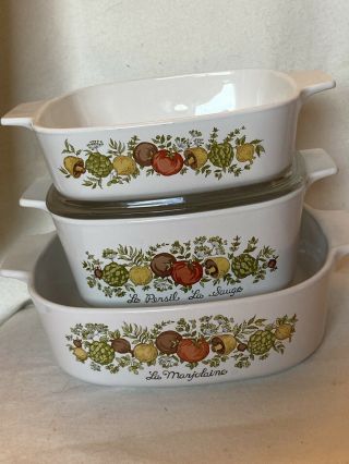 Set Of 3 Vintage Corning Ware Spice Of Life Mini Casseroles And 1 Glass Lid
