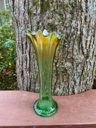 Northwood Green Thin Rib Carnival Glass Vase
