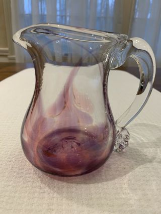 Jerpoint Studio Glass Round Jug Pitcher 5 3/8” Tall Berry & Clear