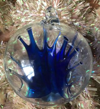 Kitras Olde English Witch Ball Art Glass Clear Cobalt Blue Hand - Blown Orb