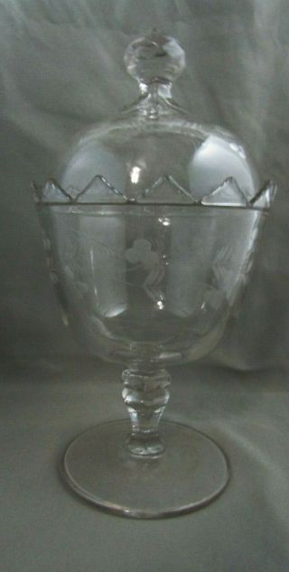 Vintage Etched Glass Pedestal Candy Dish With Dome Lid Euc