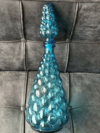 Vintage Blue Teal Empoli Bubble Glass Genie Bottle Decanter Stopper Italy Mcm