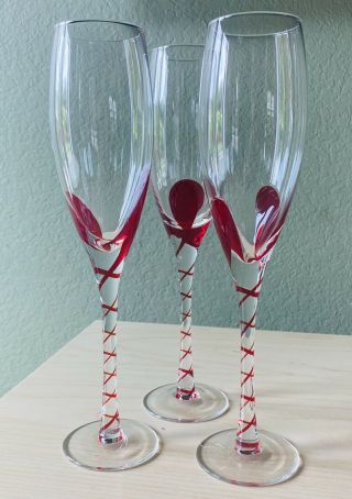 (3) Pier 1 One Red Drop & Swirl Stem Champagne Glasses 9.  8” Seasonal