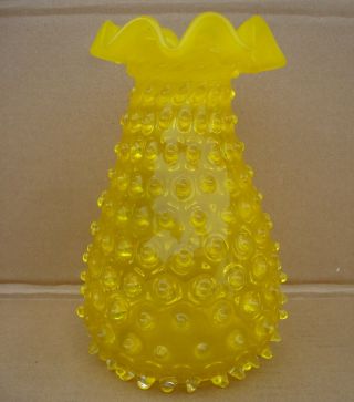 Vintage 8 1/2 " Yellow Hobnail Opaque Top Ruffled Edge Vase Fenton Unmarked?